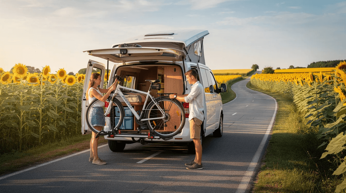 Un couple charge des vélos à l'arrière d'un van aménagé sur une route de campagne, entourée de magnifiques tournesols. Cette scène évoque l'esprit d'un road trip en van, parfait pour des vacances en pleine nature.