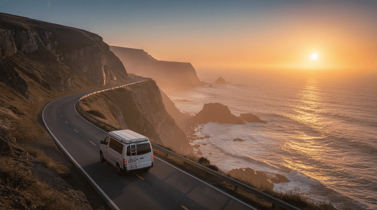 Van aménagé blanc longeant des falaises côtières au coucher de soleil doré.