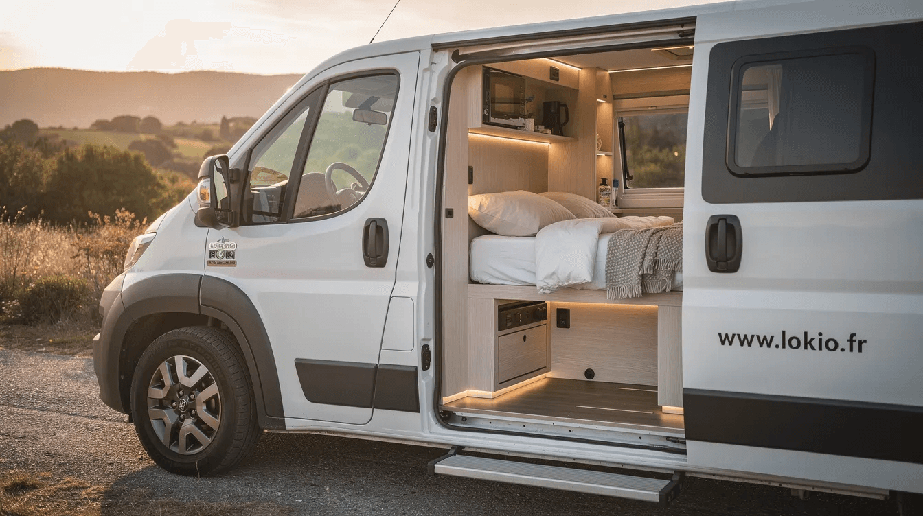Van aménagé Lokio ouvert au coucher de soleil, révélant lit et cuisine intégrés.