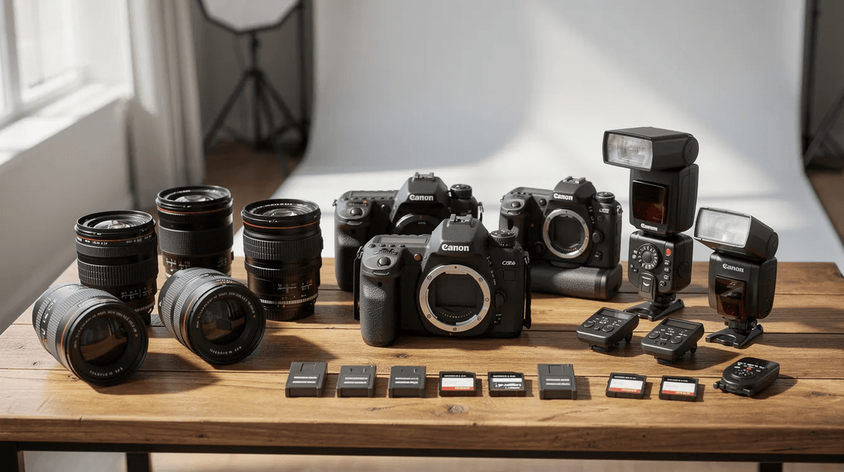 Une table est ornée d'équipements photo professionnels haut de gamme, comprenant des boîtiers, objectifs, flashs et batteries, tous prêts pour un shooting. Ce matériel de qualité est idéal pour les productions audiovisuelles à Paris.