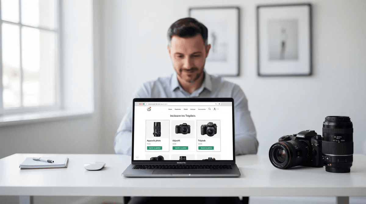 Une personne feuillette un catalogue de matériel photo sur l'écran d'un ordinateur portable dans un bureau lumineux, entourée d'équipements haut de gamme et d'accessoires pour ses projets. Ce moment illustre la recherche de solutions adaptées aux besoins des professionnels de l'audiovisuel à Paris.