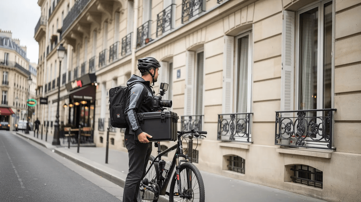 Un coursier livre une mallette de matériel photo haut de gamme devant un immeuble parisien typique, orné de balcons en fer forgé. Cette scène évoque la location de matériel audiovisuel à Paris, illustrant la confiance et le service dans le domaine de la photographie.
