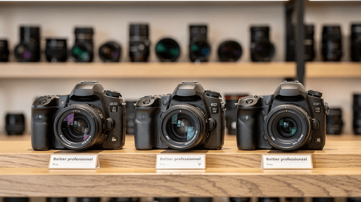 Trois boîtiers photo professionnels, de marques comme Canon et Sony, sont alignés sur une étagère en bois dans une boutique de Paris, tandis que des objectifs variés sont soigneusement rangés en arrière-plan. Cette sélection de matériel haut de gamme est idéale pour les projets de photographie et de vidéo.