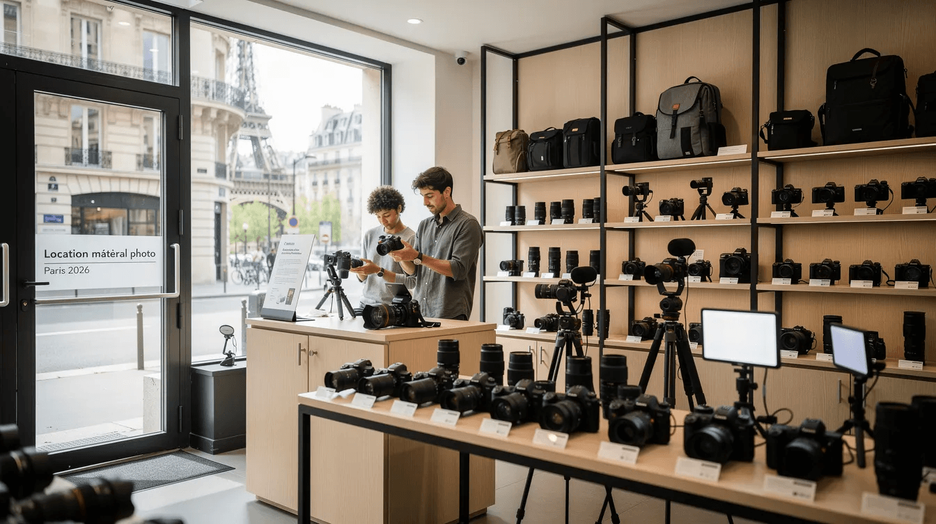 Boutique parisienne de location matériel photo avec appareils, objectifs et sacs exposés.