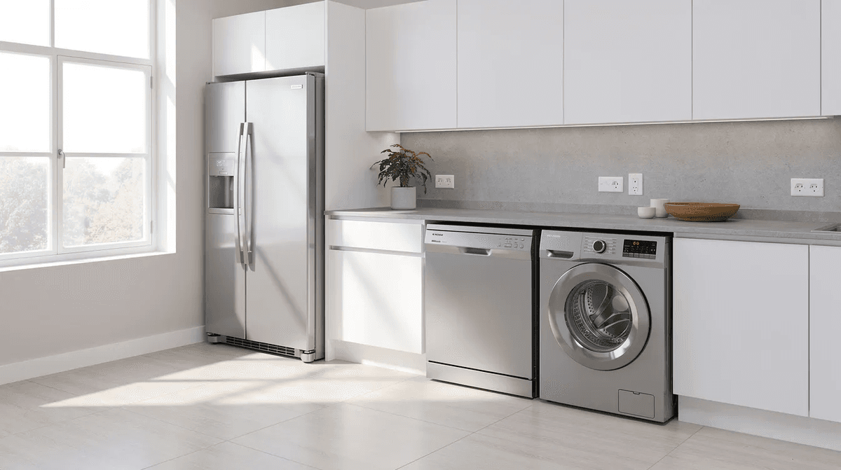 Une cuisine moderne et lumineuse, équipée d'un lave-vaisselle, d'un réfrigérateur et d'un lave-linge, offrant un espace fonctionnel pour le quotidien. Ces appareils électroménagers s'alignent harmonieusement, illustrant une solution pratique pour la maison.
