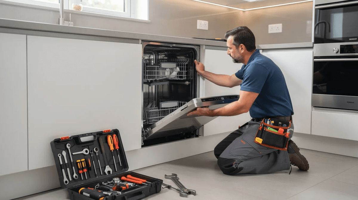 Un technicien est en train d'installer un lave-vaisselle encastrable dans une cuisine équipée, entouré d'appareils électroménagers modernes. Cette mise en service fait partie des services proposés par des enseignes comme Boulanger, garantissant une expérience client optimale.