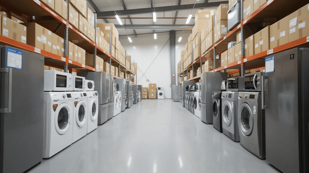 L'image montre des cartons et des appareils électroménagers reconditionnés, tels que des lave-linges et des réfrigérateurs, soigneusement alignés dans un entrepôt propre et organisé, témoignant d'une offre de location longue durée. Cet espace bien rangé suggère un engagement envers la qualité et le service après-vente pour les consommateurs.