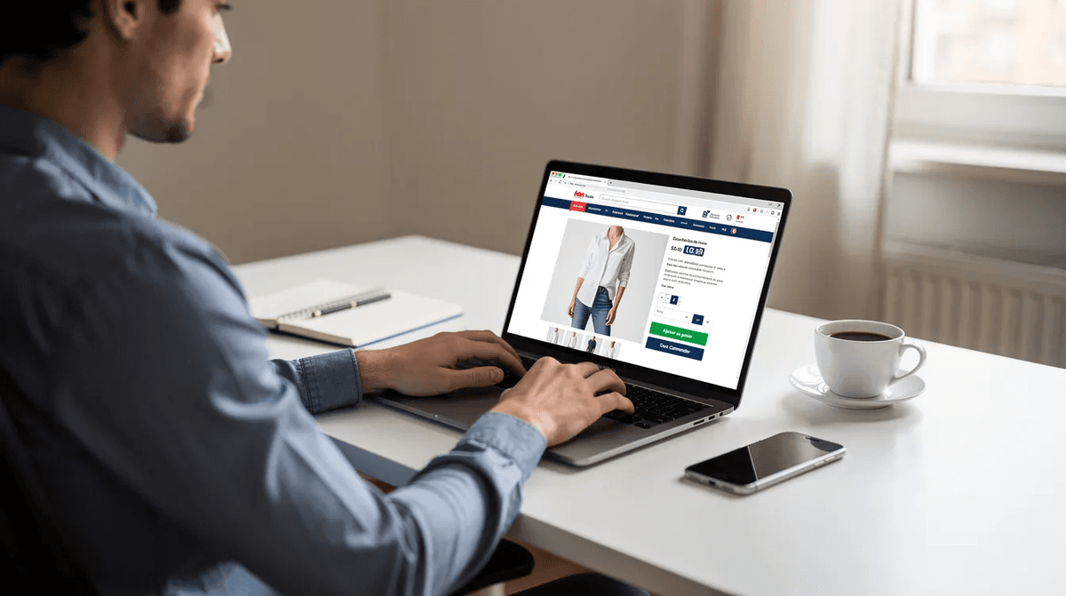 Une personne est assise à un bureau, concentrée sur son ordinateur portable tout en naviguant sur un site de commerce en ligne, probablement à la recherche d'équipements électroménagers comme un lave-linge ou un réfrigérateur. L'ambiance de la pièce évoque un quotidien moderne, où l'achat en ligne devient une alternative pratique pour les consommateurs.