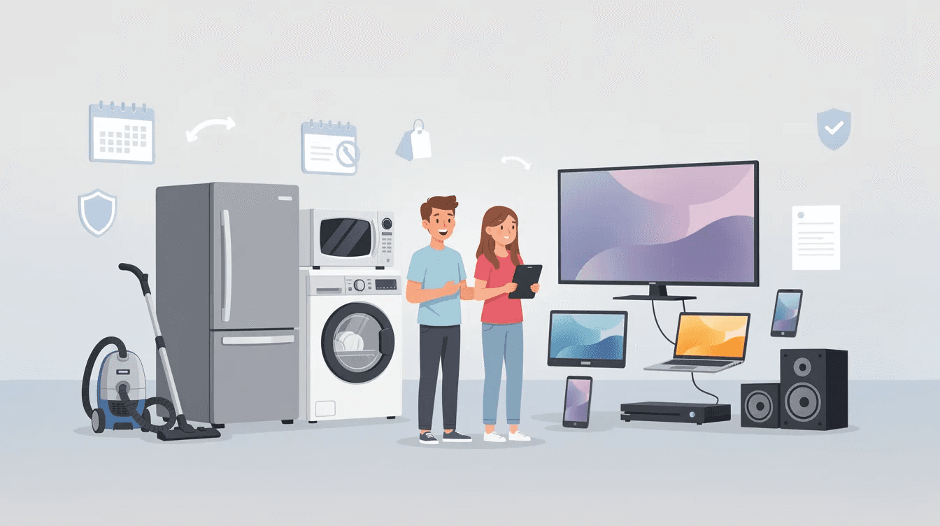 Couple consultant une tablette entouré d'appareils électroménagers et multimédia à louer.