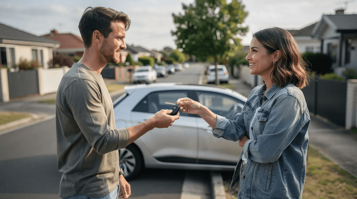 Une personne remet des clés de voiture à une autre sur une rue résidentielle, avec une petite voiture citadine en arrière-plan. Cette scène évoque le service de location de voitures, où le confort et l'expertise sont essentiels pour un bon départ en voyage.