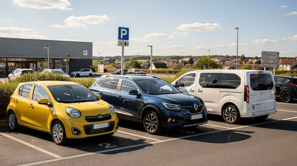 Dans un parking ensoleillé en France, une variété de véhicules est alignée, comprenant une petite voiture citadine, un SUV et un van, illustrant les options de location de voitures disponibles pour différents besoins et budgets. Ce cadre évoque des moments de départ pour des vacances ou des déplacements professionnels.