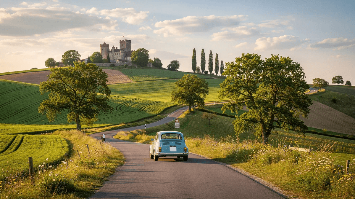 Une route pittoresque de la campagne française serpente à travers des collines verdoyantes, avec une petite voiture se dirigeant vers un château lointain, évoquant une ambiance de voyage et de découverte. Ce paysage idyllique est idéal pour ceux qui envisagent de louer une voiture pour explorer les magnifiques sites de France.