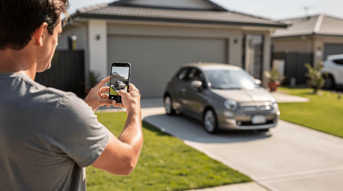 Une personne prend une photo d'une voiture compacte garée dans une allée résidentielle avec son smartphone. Cette scène évoque l'idée de location de voitures, idéale pour des déplacements confortables en ville.