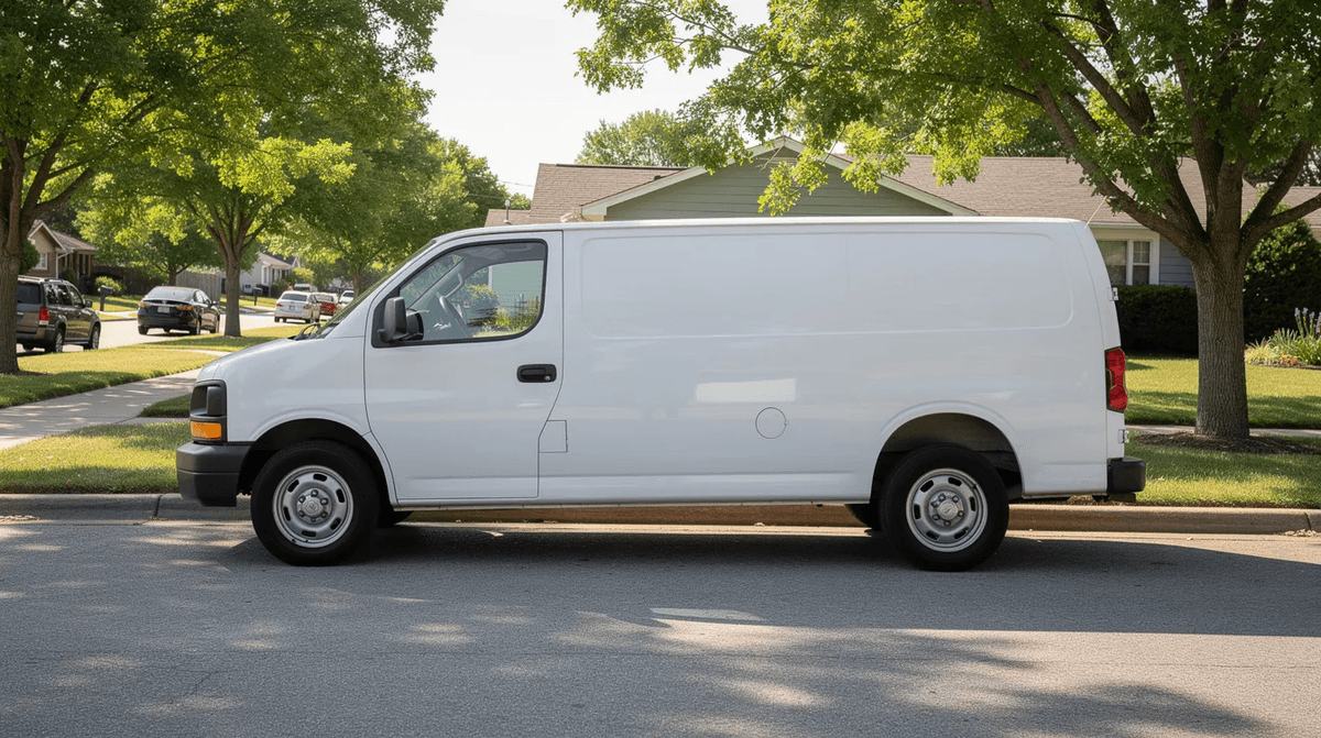 Une camionnette utilitaire blanche, probablement un modèle comme le Renault Master ou le Fiat Ducato, est garée dans une rue résidentielle bordée d'arbres. Ce véhicule utilitaire, idéal pour le déménagement ou le transport de marchandises, se distingue par son volume de stockage et sa capacité de charge.