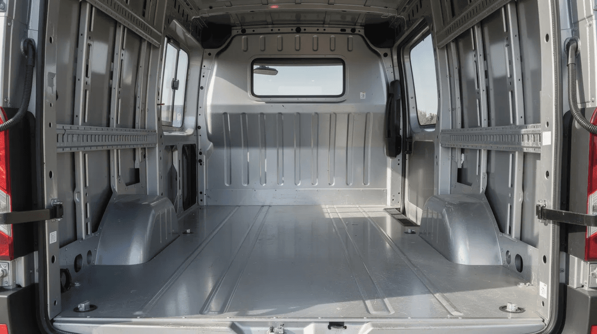 L'image montre l'intérieur vide d'un grand fourgon utilitaire, mettant en évidence l'espace de chargement avec des parois métalliques. Ce type de véhicule, comme le Renault Master ou le Fiat Ducato, est idéal pour le déménagement et le transport de marchandises grâce à sa capacité de volume de stockage.