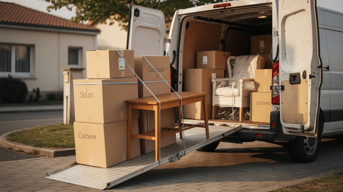 Des cartons empilés et des meubles, tels qu'un canapé et une table, sont en cours de chargement dans l'arrière d'un grand fourgon utilitaire, probablement un Renault Master ou un Fiat Ducato, prêt pour un déménagement. Le véhicule, spacieux et adapté pour transporter des biens, affiche une capacité de chargement importante.