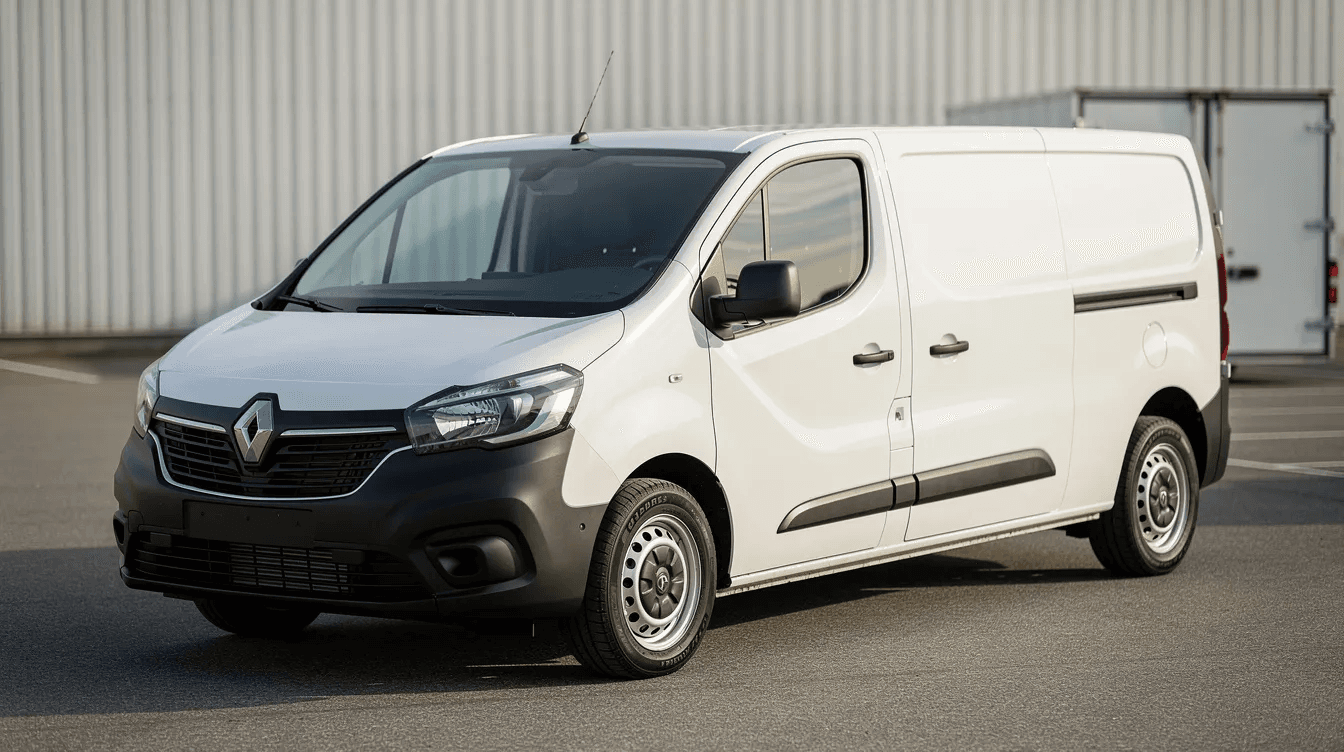 Renault Trafic blanc, camionnette utilitaire 12m3 garée devant un entrepôt industriel.