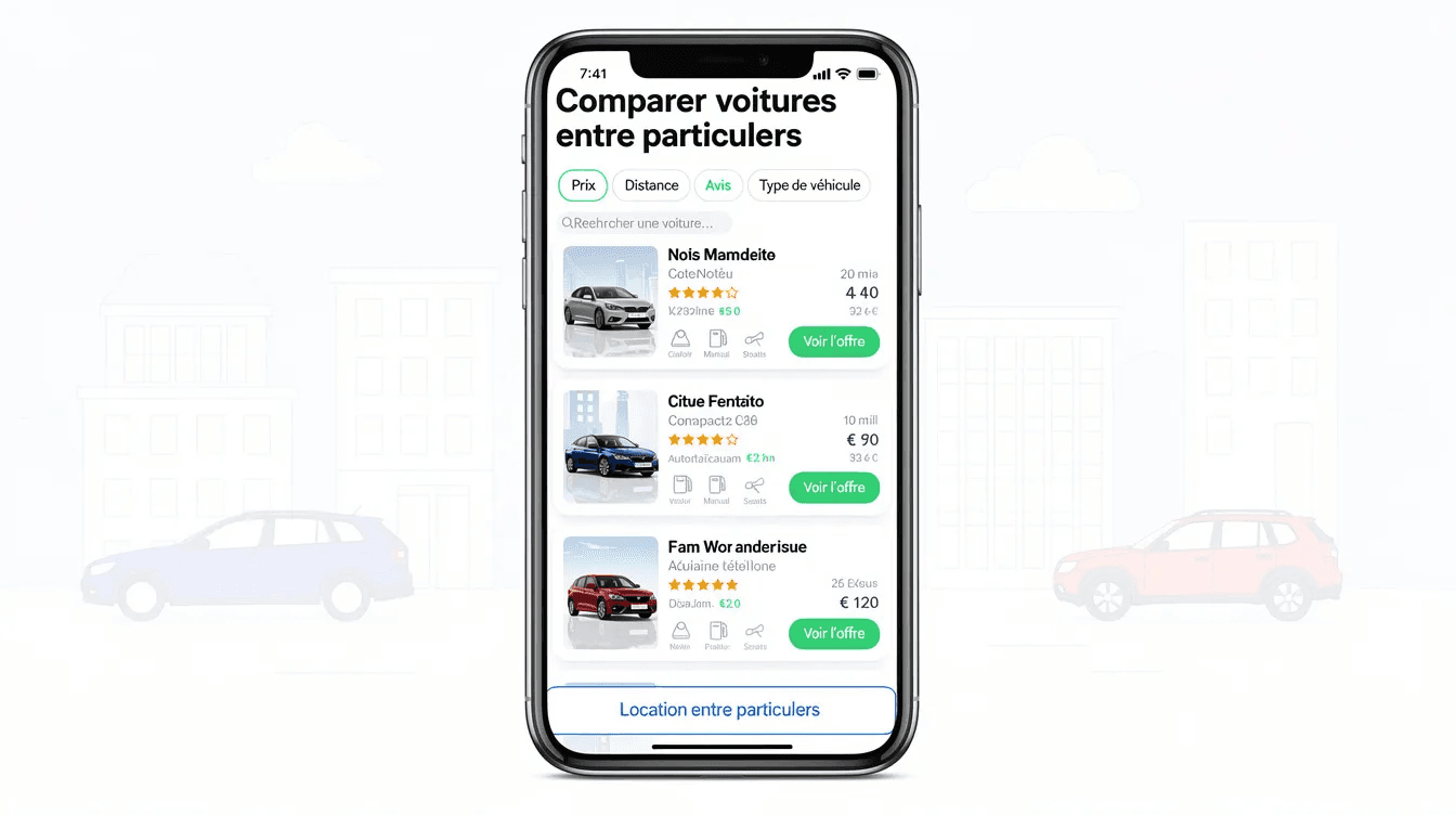 Application mobile de comparaison de location de voitures entre particuliers avec trois offres affichées.