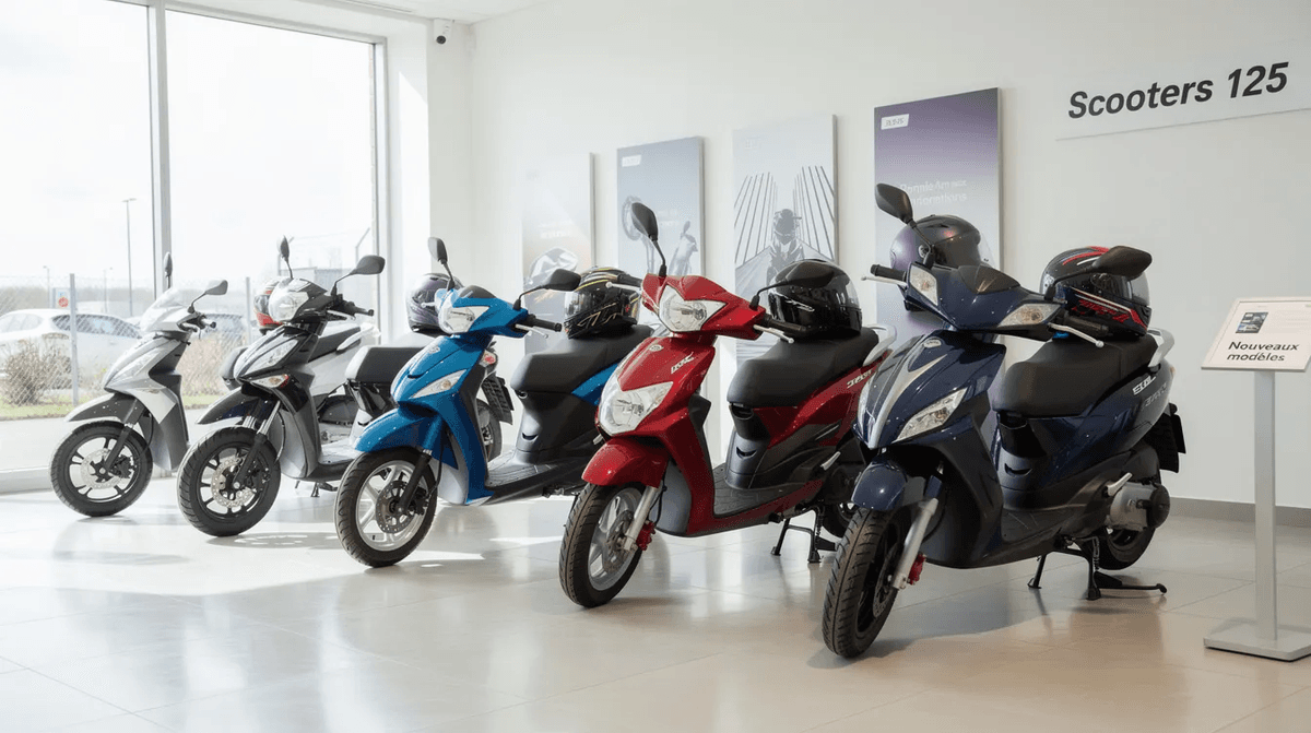 Dans un showroom lumineux, plusieurs modèles de scooters 125 sont alignés, avec des casques posés sur les selles, prêts pour les clients à la recherche de leur véhicule à deux roues. Cet espace met en avant la qualité et la diversité des scooters et motos disponibles à la vente.