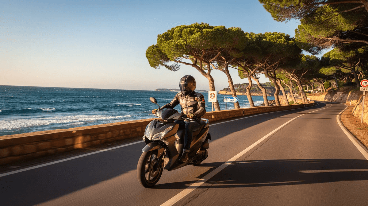 Un pilote, équipé d'un casque et de gants, roule sur un scooter 125 le long d'une route côtière bordée de pins, profitant de la liberté et du plaisir de la conduite sur deux roues. En arrière-plan, on peut apercevoir la mer scintillante, ajoutant à l'attrait de cette balade.