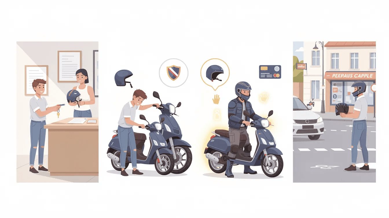 Étapes de location d'un scooter 125 : accueil, inspection, conduite équipée et restitution.