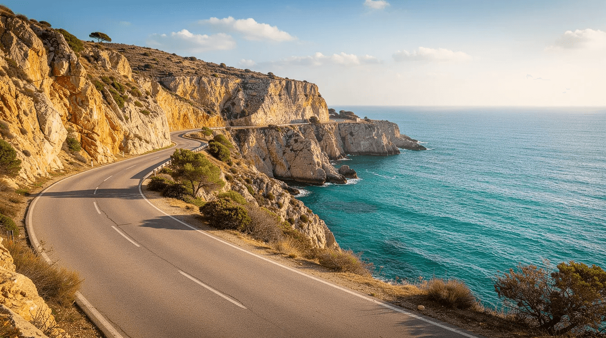 L'image montre une route côtière sinueuse en Espagne, longeant la mer Méditerranée, avec des falaises impressionnantes sous un ciel bleu éclatant. C'est un paysage idéal pour ceux qui envisagent une location de voiture pour explorer les beautés de la côte espagnole.