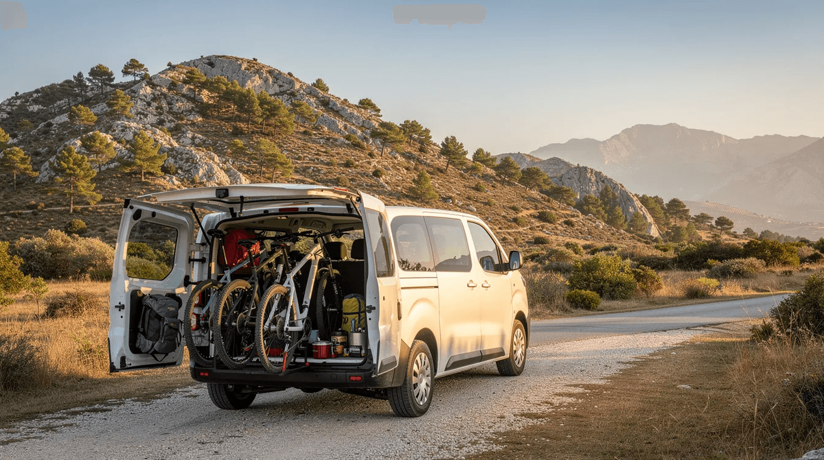 Un van utilitaire est garé devant un paysage de montagne méditerranéenne, chargé de vélos et de matériel de camping, évoquant des vacances en Espagne. Cette image suggère une aventure en plein air et l'importance de la location de voitures pour explorer des lieux pittoresques comme les Baléares.