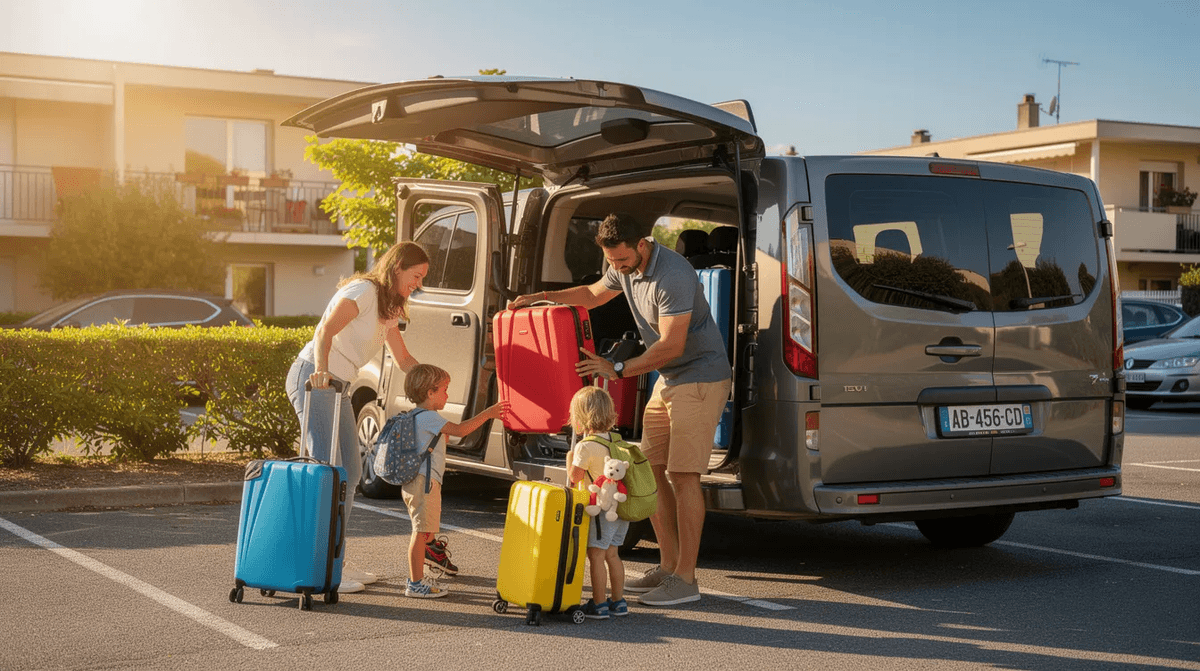 Une famille avec des enfants charge des valises dans un grand van gris sur un parking résidentiel ensoleillé, prêt pour un voyage en groupe. Ce véhicule spacieux, idéal pour 7 personnes, est parfait pour des déplacements confortables et pratiques.