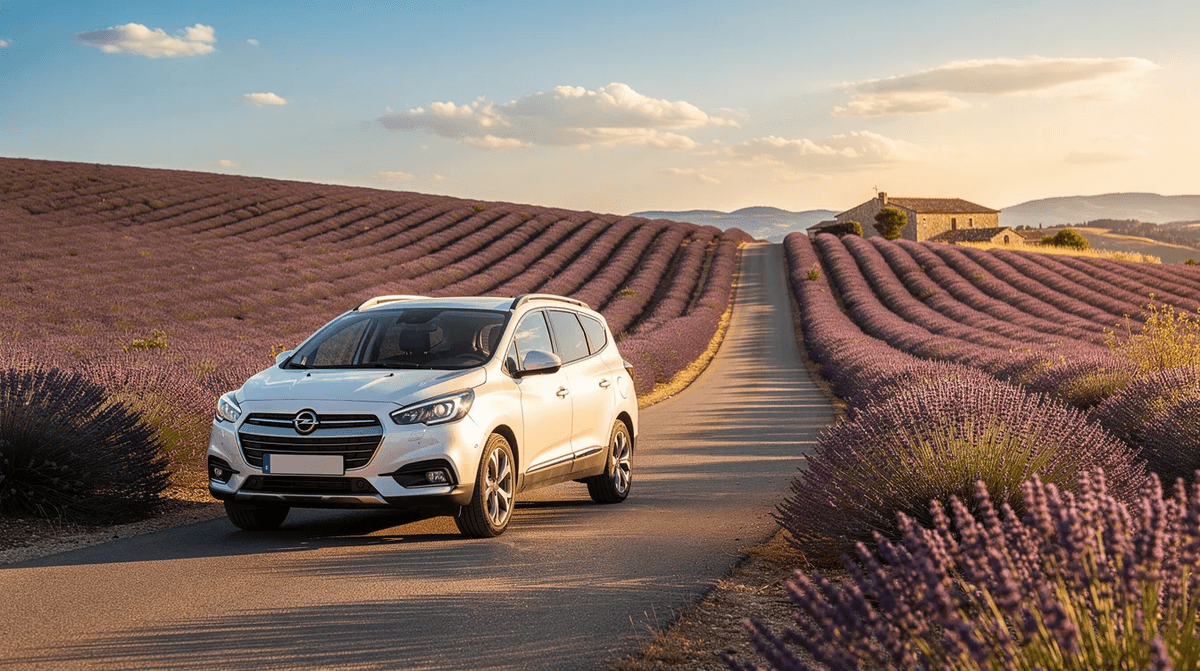 Un SUV blanc de 7 places roule tranquillement sur une route de campagne en Provence, entourée de champs de lavande parfumée. Ce véhicule spacieux est idéal pour des voyages en famille ou entre amis, offrant confort et espace pour tous les passagers.