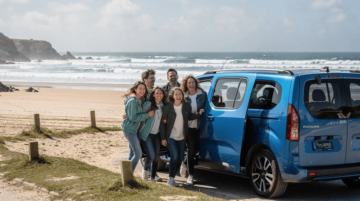 Un groupe d'amis souriants descend d'un minivan bleu, garé devant une plage bretonne où les vagues s'écrasent doucement sur le sable. Cette scène évoque une sortie conviviale, idéale pour un voyage en famille ou entre amis, avec suffisamment d'espace pour 7 personnes.