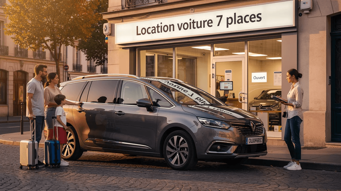 Famille avec bagages récupérant un monospace Renault 7 places dans une agence de location.