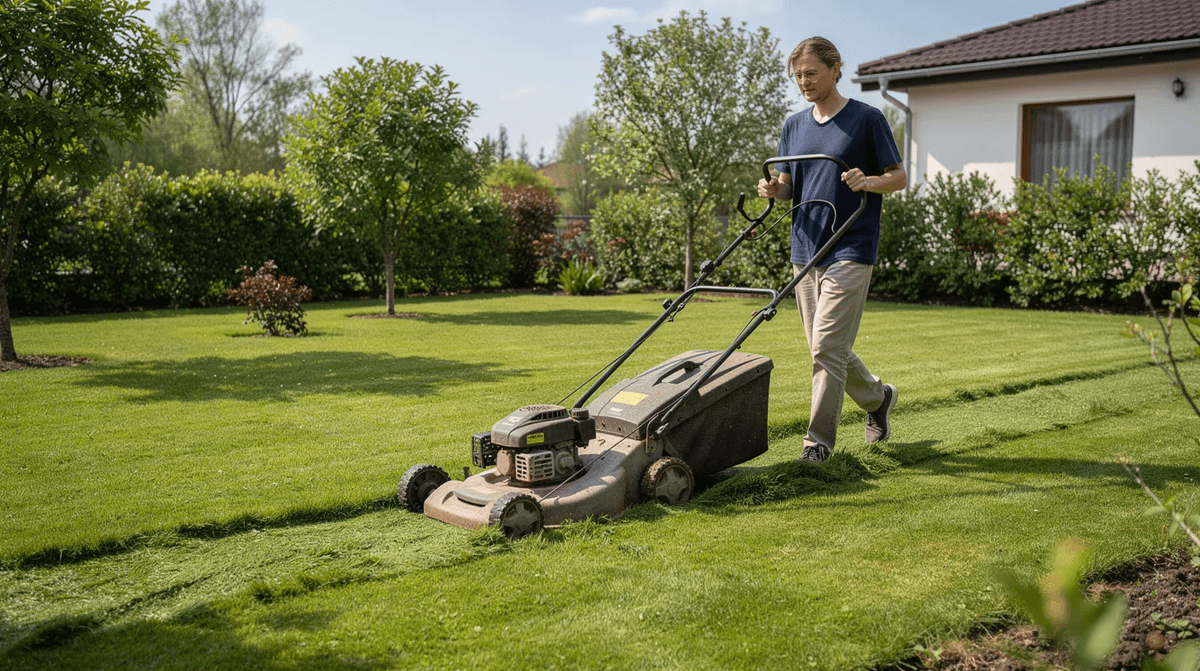 Une personne utilise une tondeuse à gazon thermique pour tondre une pelouse verte dans un jardin de taille moyenne. L'image montre l'effort et la précision nécessaires pour entretenir les espaces verts.