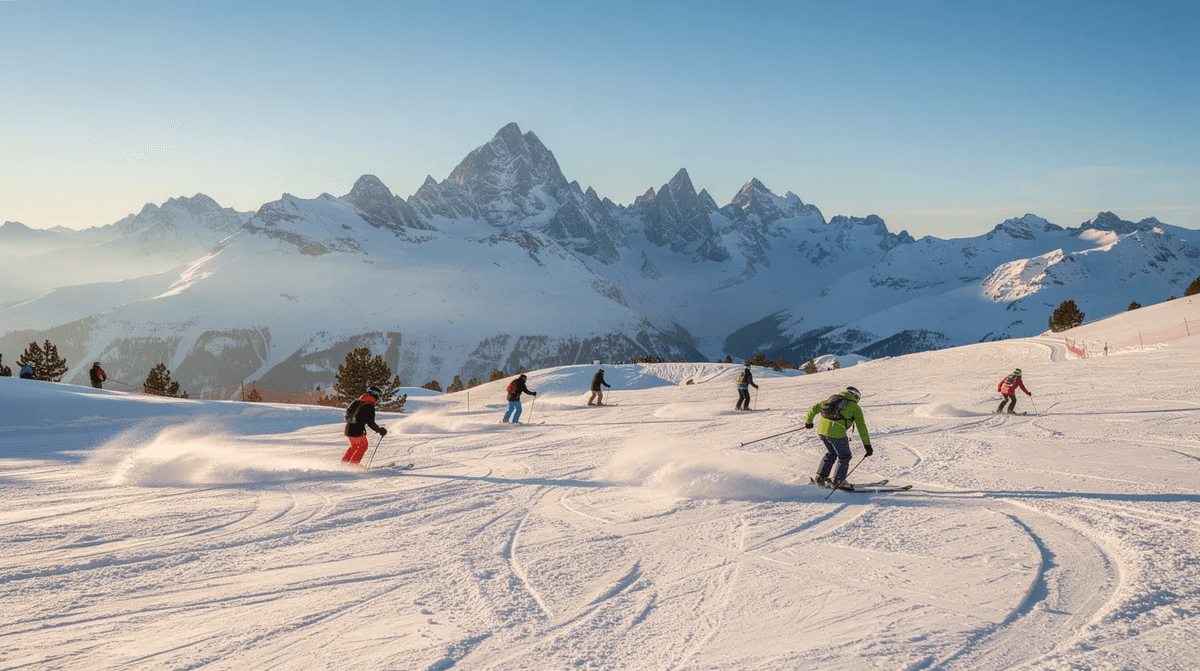 Des skieurs profitent d'une journée ensoleillée sur une piste des Alpes françaises, avec des sommets enneigés en arrière-plan. L'image évoque l'ambiance des sports d'hiver, avec un équipement de ski haut de gamme et des paysages montagneux à couper le souffle.