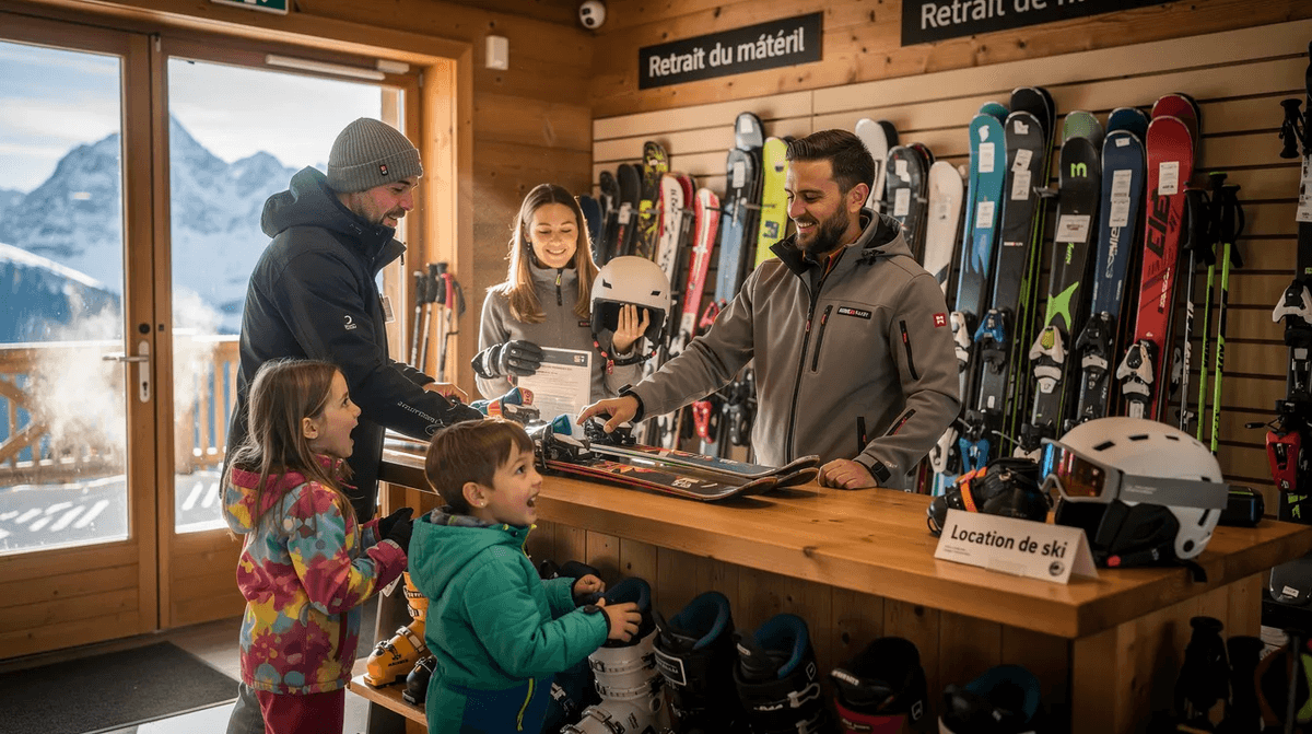 Une famille se trouve au comptoir d'un magasin de location de ski en montagne, récupérant du matériel de ski haut de gamme pour leur séjour. Ils sont entourés d'équipements variés, incluant des skis, des chaussures et des accessoires, tout en bénéficiant des conseils d'experts pour optimiser leur expérience sur les pistes.