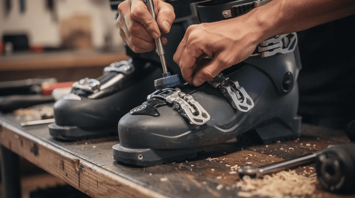 Un technicien ajuste des chaussures de ski haut de gamme dans un atelier, mettant en avant le matériel de ski essentiel pour la saison. L'image illustre l'importance de la prise en charge et du service client dans une location de ski.