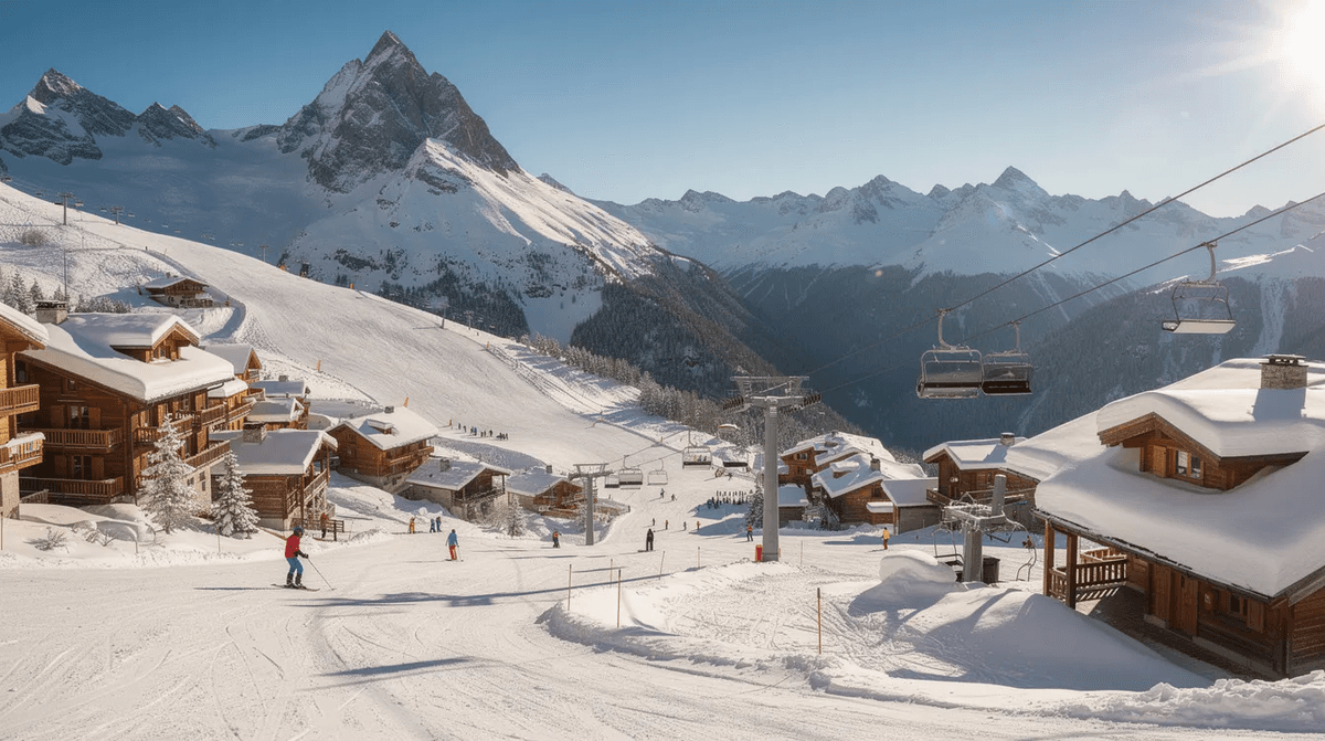 Une vue panoramique d'une station de ski dans les Alpes montre des chalets pittoresques entourés de pistes enneigées, le tout baigné par la lumière du soleil. Cette image évoque l'ambiance chaleureuse et accueillante des sports d'hiver, idéale pour un séjour en famille ou entre amis.