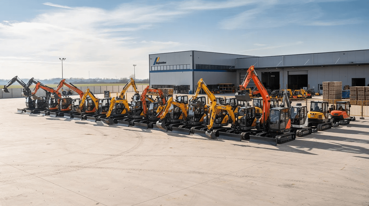 L'image montre un dépôt de location de matériel de chantier avec plusieurs mini-pelles et nacelles alignées, prêtes à être louées par des professionnels et des particuliers à Cambrai. Ce parc de matériel est organisé pour répondre aux besoins des clients souhaitant réaliser des travaux dans des espaces verts ou d'autres projets de bricolage.