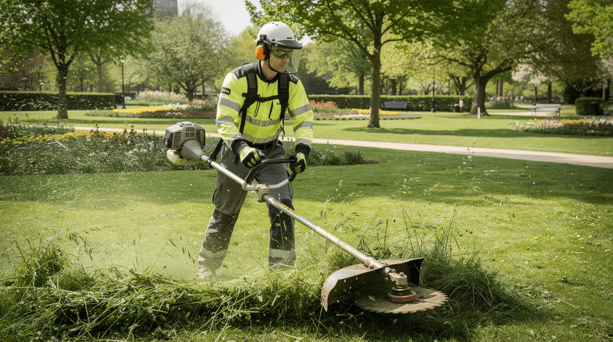 Un paysagiste professionnel utilise une débroussailleuse dans un parc public verdoyant, mettant en avant son savoir-faire et son matériel pour l'entretien des espaces verts. En arrière-plan, on aperçoit des arbres et des buissons bien taillés, témoignant des travaux réalisés pour offrir un cadre agréable aux visiteurs.