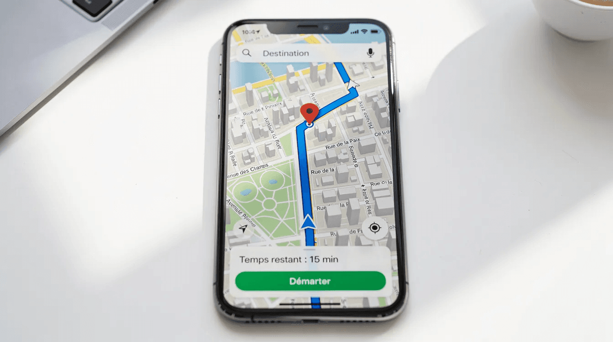 L'image montre un smartphone affichant une application de cartographie avec un itinéraire tracé vers une destination spécifique, probablement un espace vert à Cambrai. On peut voir des détails tels que des adresses et des points d'intérêt, soulignant l'importance des services de localisation pour les particuliers et les professionnels.