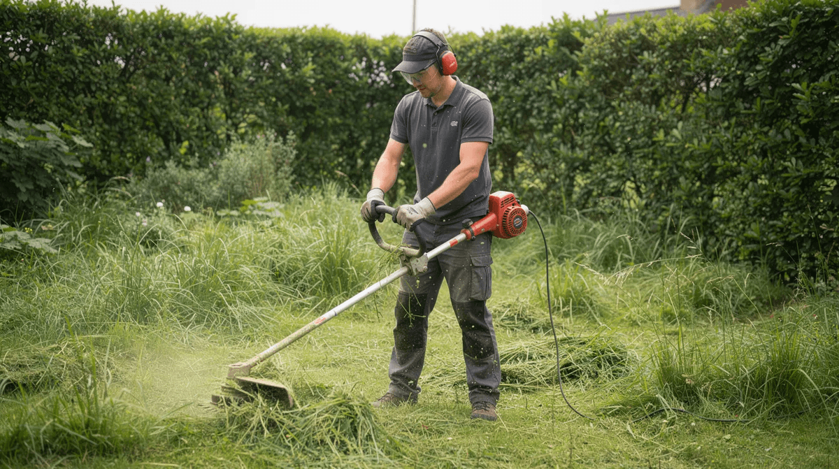Une personne utilise une débroussailleuse portative pour couper de l'herbe haute dans un jardin, entouré de haies. L'outil, qui fait partie de son matériel d'entretien des espaces verts, permet de nettoyer efficacement les broussailles et de maintenir la surface du terrain.