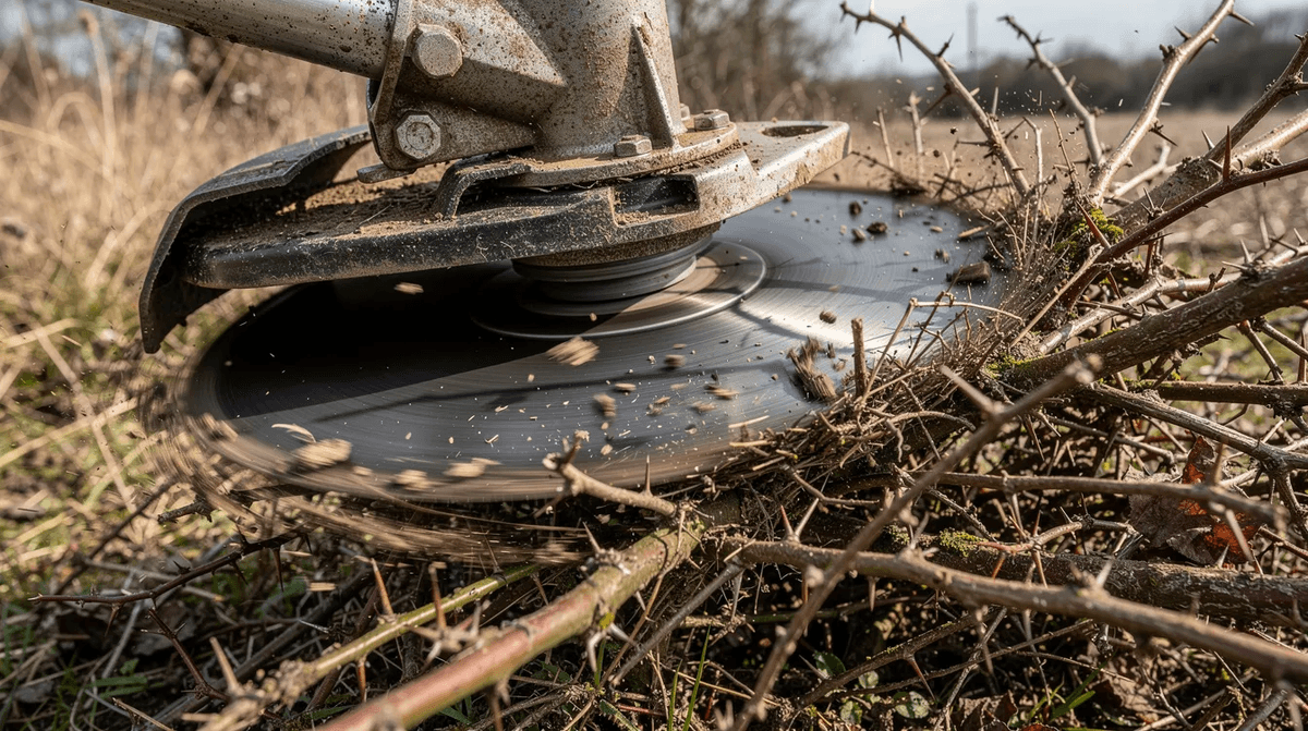 Gros plan sur une tête de coupe à lame en acier, en pleine action, attaquant des ronces épaisses dans un terrain en friche. Cette image illustre le matériel de débroussailleuse utilisé pour le nettoyage des espaces verts et l'entretien des broussailles.