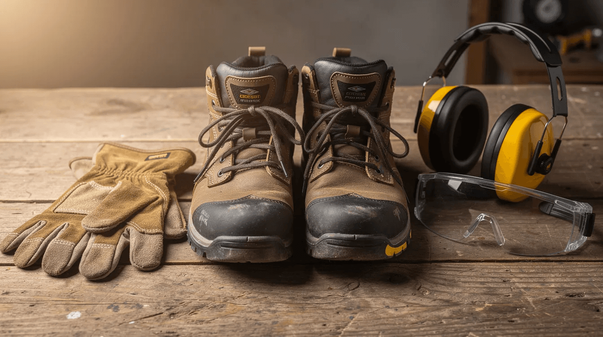 Des équipements de protection individuelle sont soigneusement disposés sur une table en bois, comprenant des gants, des lunettes, un casque antibruit et des chaussures de sécurité, essentiels pour assurer la sécurité lors de travaux de débroussillage dans les espaces verts. Ces matériels sont indispensables pour prévenir les risques liés à l'entretien de terrains envahis par les broussailles et les herbes.