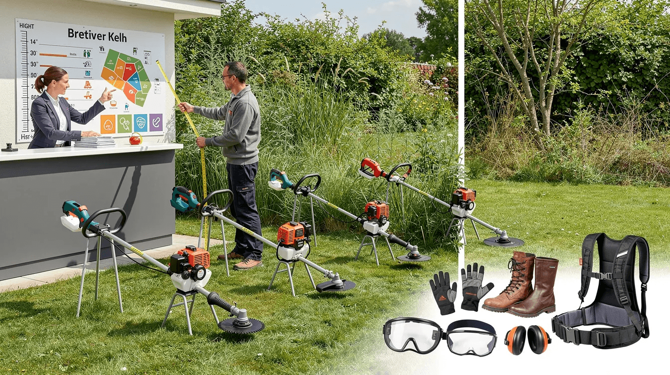 Plusieurs débroussailleuses en location exposées dans un jardin avec équipements de protection individuelle.
