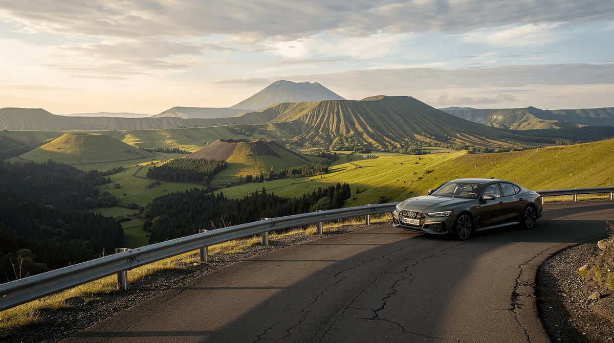 Une voiture de location est garée sur une route sinueuse de montagne, avec en arrière-plan le paysage volcanique du Puy de Dôme en Auvergne. Ce cadre naturel offre une belle opportunité pour les amateurs de tourisme et d'escapades en famille.