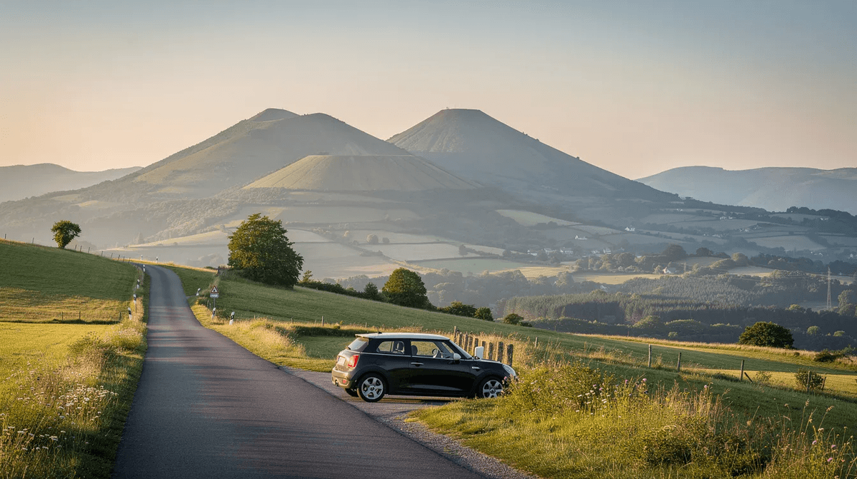 Une vue panoramique de la Chaîne des Puys avec un paysage verdoyant, où une petite voiture de location est garée sur le bas-côté d'une route de campagne, offrant une belle opportunité pour les amoureux du tourisme et des escapades en Auvergne. Ce cadre naturel invite à la découverte et à la liberté des déplacements en voiture.