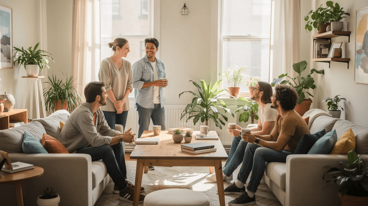 Un groupe de jeunes adultes discute dans le salon lumineux d'un appartement partagé, où une grande table en bois est entourée de plantes vertes, créant un cadre convivial pour la vie en colocation. Cette scène illustre la dynamique de la vie en colocation en France, où chaque colocataire partage des moments et des idées.