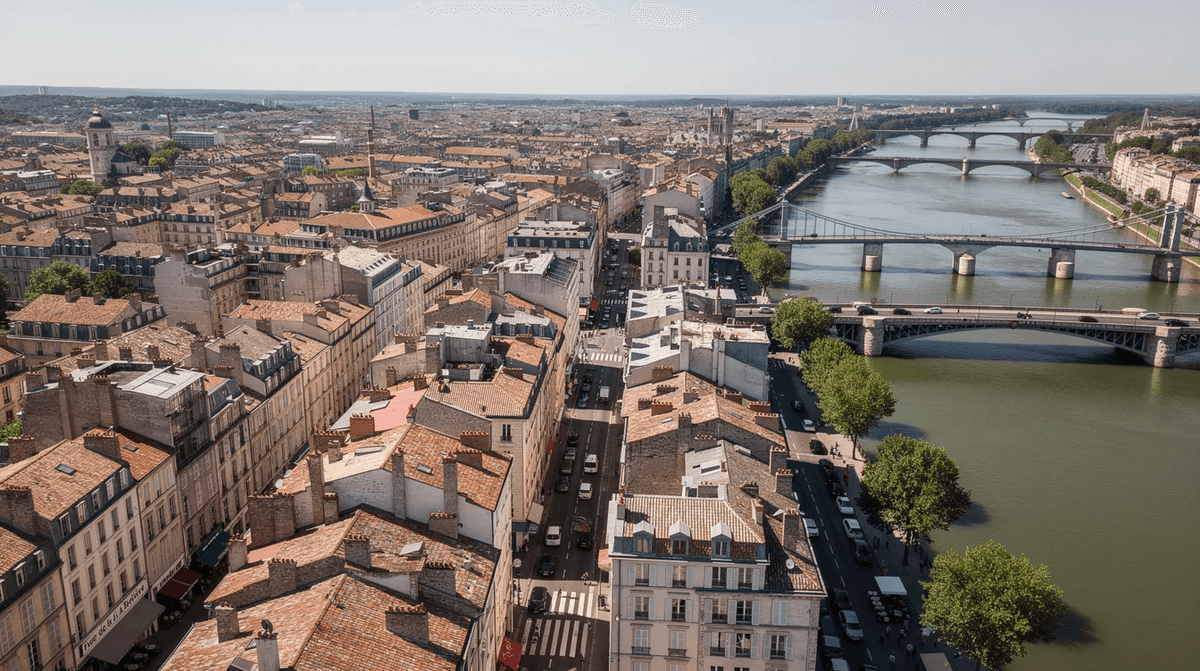 Une vue aérienne d'une grande ville française montre des toits en tuiles colorés, une rivière serpentant à travers la ville et plusieurs ponts reliant les rives. Ce paysage urbain évoque la vie dynamique des jeunes actifs à Paris, avec des opportunités de logement variées comme des appartements et des maisons en colocation.