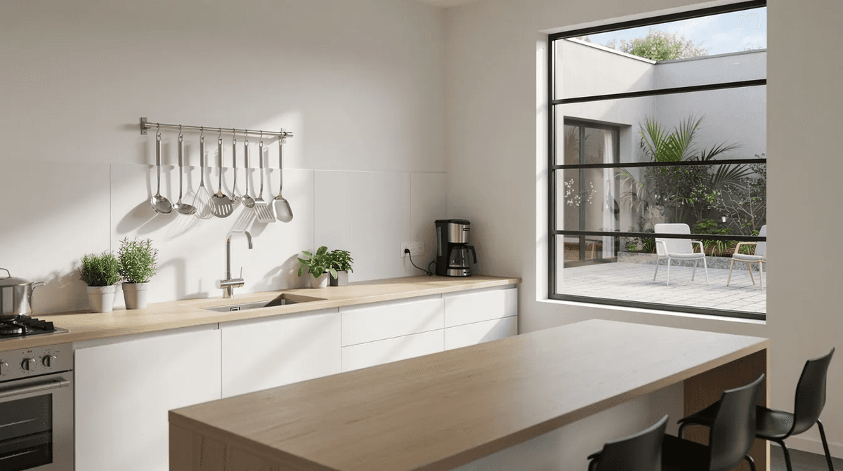 L'image montre l'intérieur d'une cuisine partagée moderne, avec un plan de travail propre et des ustensiles suspendus. Une fenêtre donne sur une cour, créant un espace lumineux et accueillant pour les colocataires.
