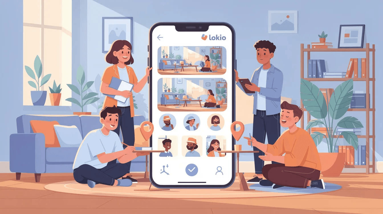Quatre personnes explorent ensemble l'application Lokio pour trouver une colocation idéale.