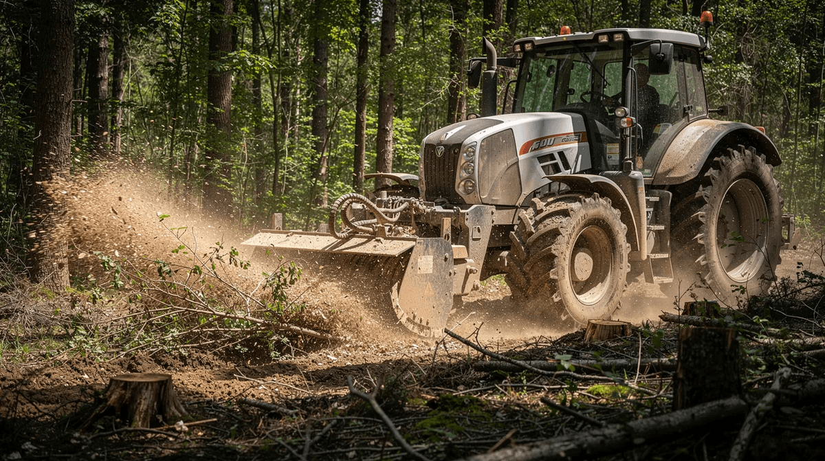 L'image montre un broyeur forestier monté sur un tracteur, en pleine action dans un sous-bois, projetant des copeaux de végétaux autour de lui. Cet équipement, essentiel pour le jardinage et l'entretien des espaces verts, est utilisé pour le broyage de branches et de feuilles, facilitant ainsi le recyclage des déchets.